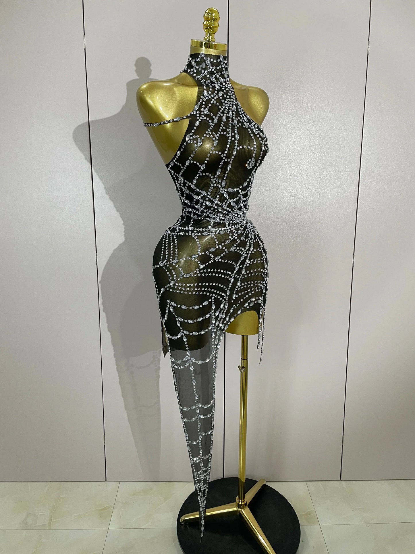 STOCK Sparkly Diamond Sexy Mesh Asymmetric Bodycon Mini Dress Women Nightclub Bar Party Show Gogo Dancer Clothing Stage Costume