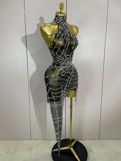 STOCK Sparkly Diamond Sexy Mesh Asymmetric Bodycon Mini Dress Women Nightclub Bar Party Show Gogo Dancer Clothing Stage Costume