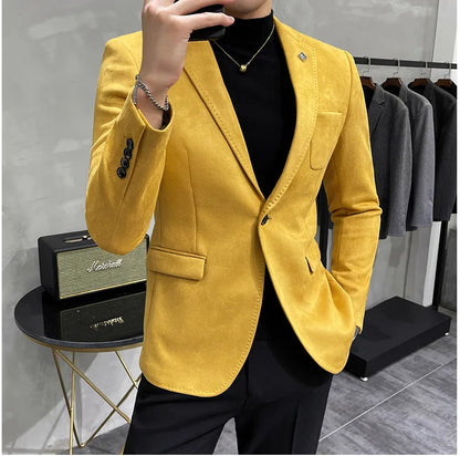 Men's Deerskin Fleece Suit Jacket 2025 Spring New High Quality Single Button Slim Fit Business Casual Suit Coat  Men Clothing
