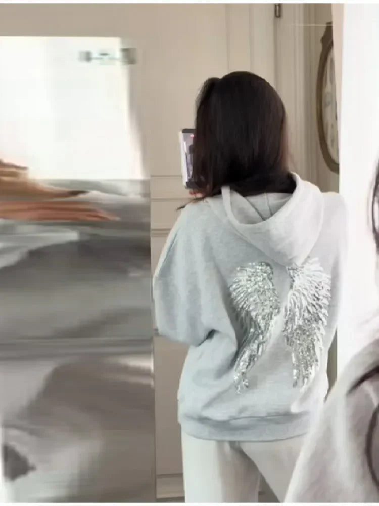 Sequin Angle Wings Hoodie Pullover For Women Loose Solid Hooded Sweatsuit 2025 New Lady Autumn Winter Outwears