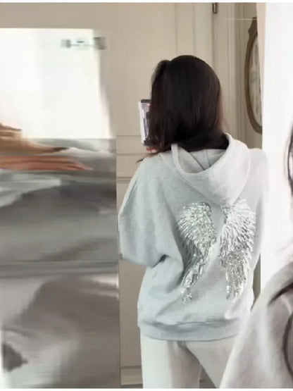 Sequin Angle Wings Hoodie Pullover For Women Loose Solid Hooded Sweatsuit 2025 New Lady Autumn Winter Outwears
