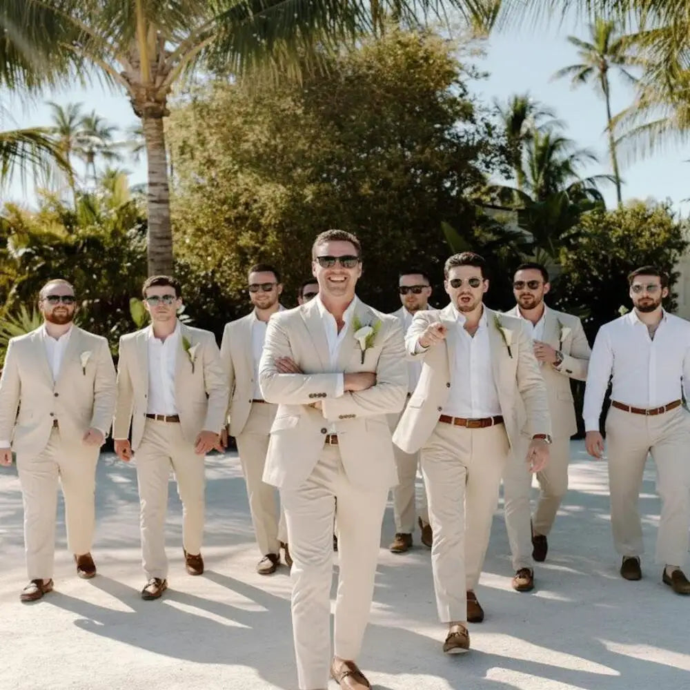 Beige Linen Wedding Suits for Groomsmen 2 Pieces Summer Men Suits Lightweight Breathable Blazer Pants Set Slim Fit Formal Outfit