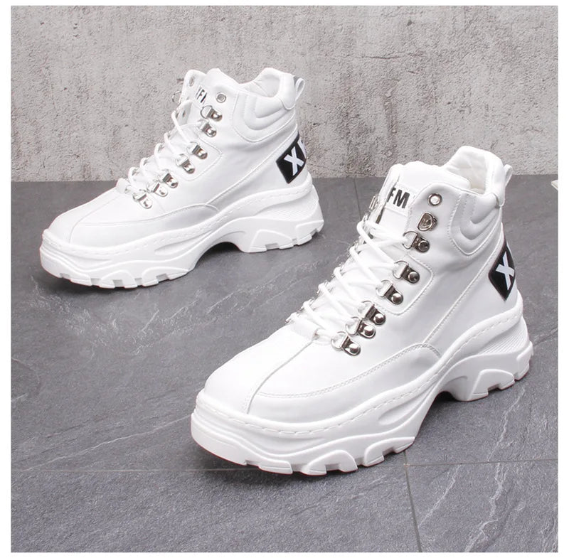 White High Top Board Boots for Men Thick Soled Men Boots with Elevated Height Inside Outdoor Casual Versatile High-top Shoes