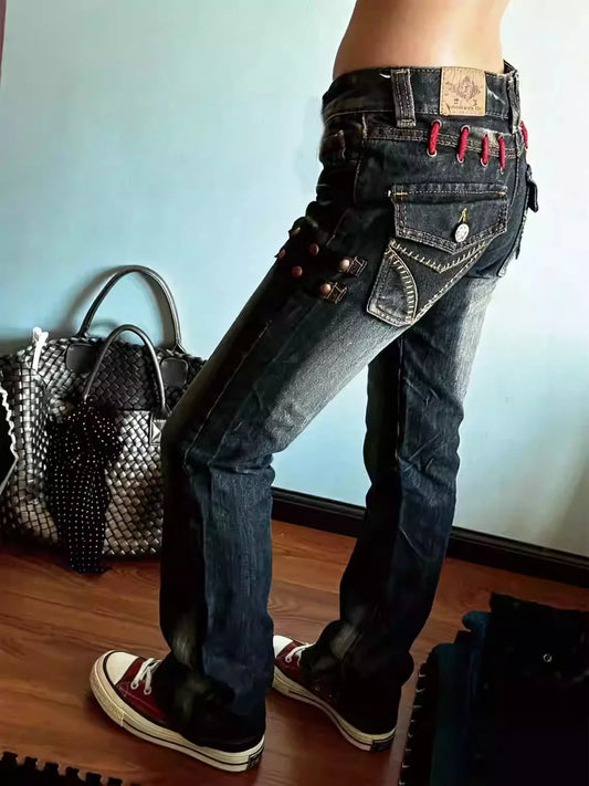 Women's Low Rise Jeans Harajuku Japanese Denim Pants Y2k Skinny Jean Bootcut Jeans High Street American Retro Grunge Cyber Punk