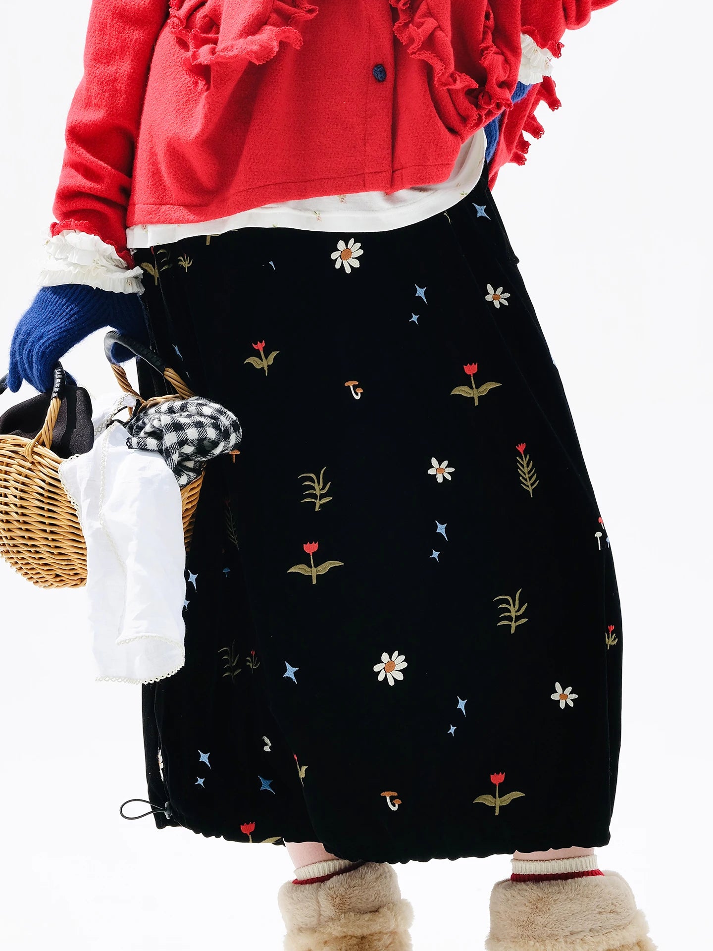 Embroidered Floral Midi Skirt, Vintage Velvet, Daily Outing, Mori - style Healing Vibe 255288