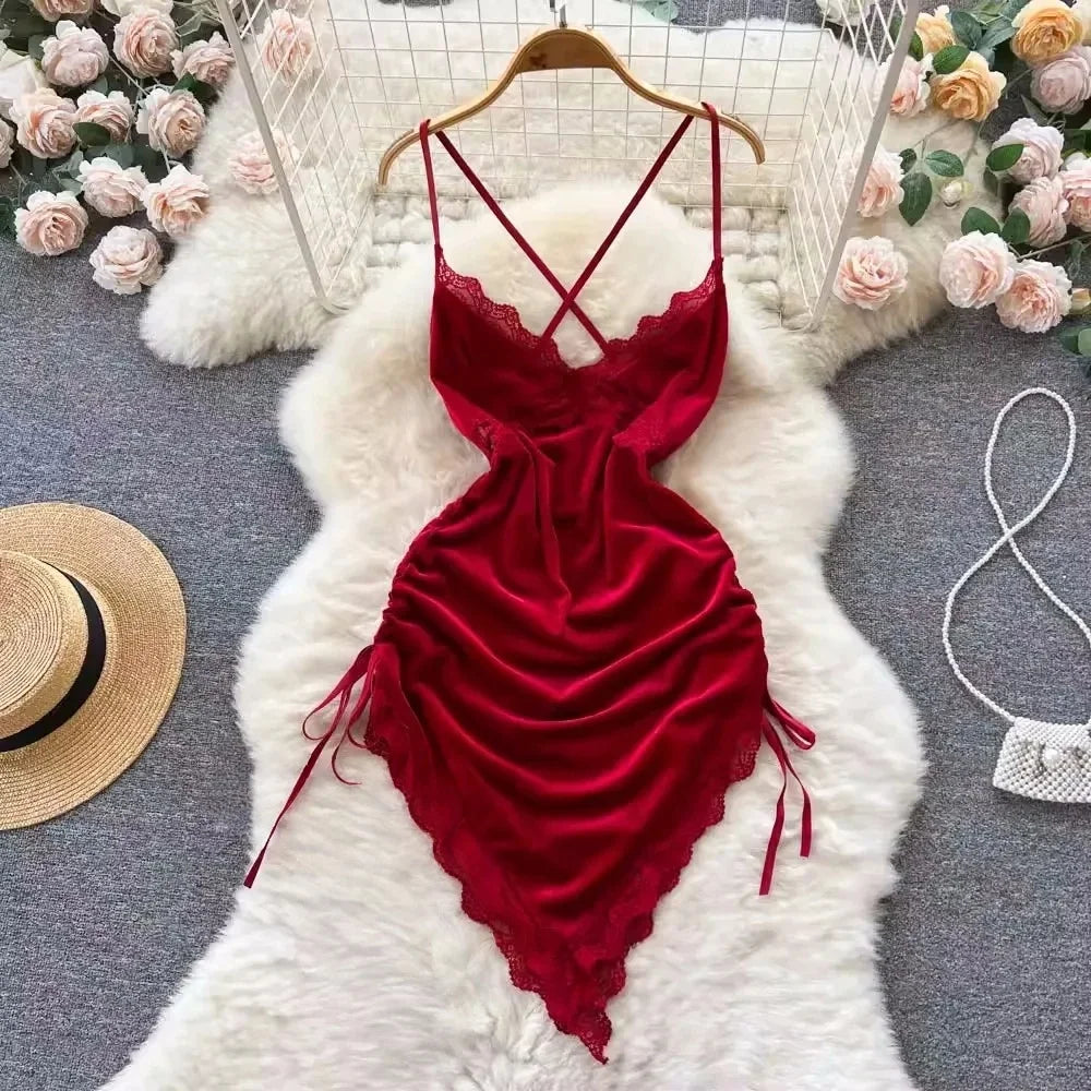 Woman Plus Size Sexy V-Neck Strap Dress Lace Trim Slim Short Dress Women Fashion Comfortable Dress Party Hotsweet