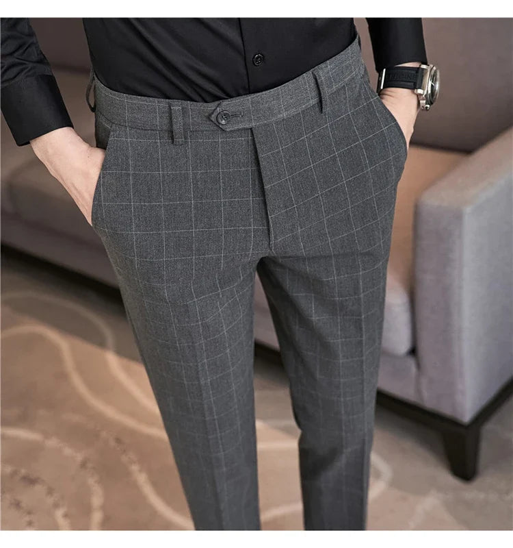 2026 High Quality Men's Plaid Striped Suit Pants Fashion Business Slim Fit Casual Straight Pants Formal Wedding Party Trousers