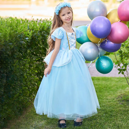 2-10Y Cinderelle Dress Princess Cosplay Costume for Girls Fancy Dress Up 2025 Kids Christma Birthday Party Outfit with Gloves