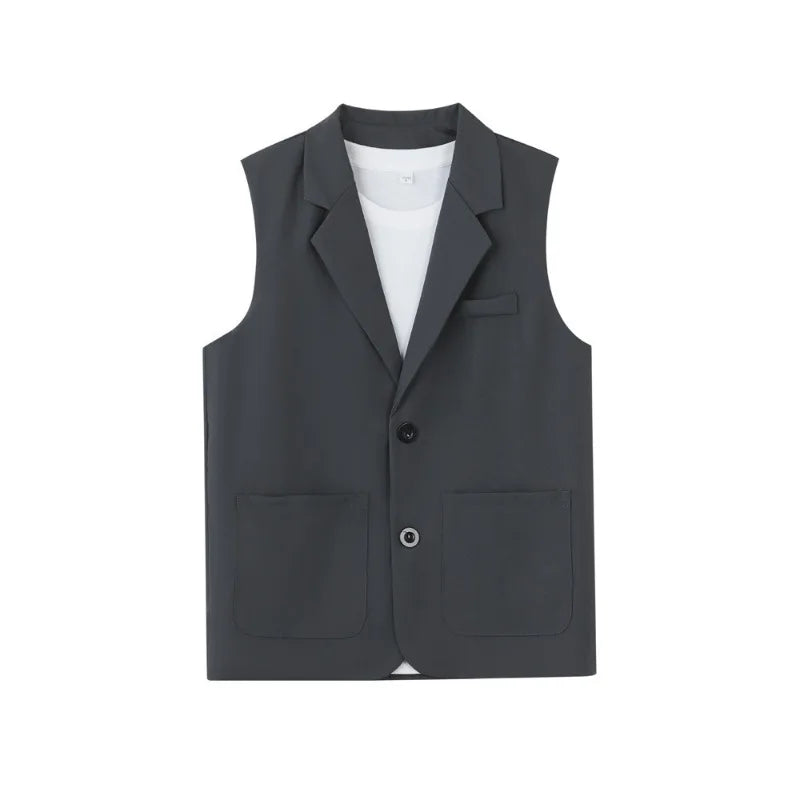 Summer Suit Vest Turn Down Collar Single-breasted Male Waist Sleeveless Pocket Versatile Business Casual Man Coat