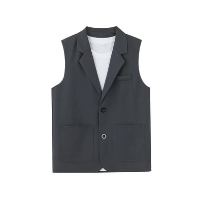 Summer Suit Vest Turn Down Collar Single-breasted Male Waist Sleeveless Pocket Versatile Business Casual Man Coat