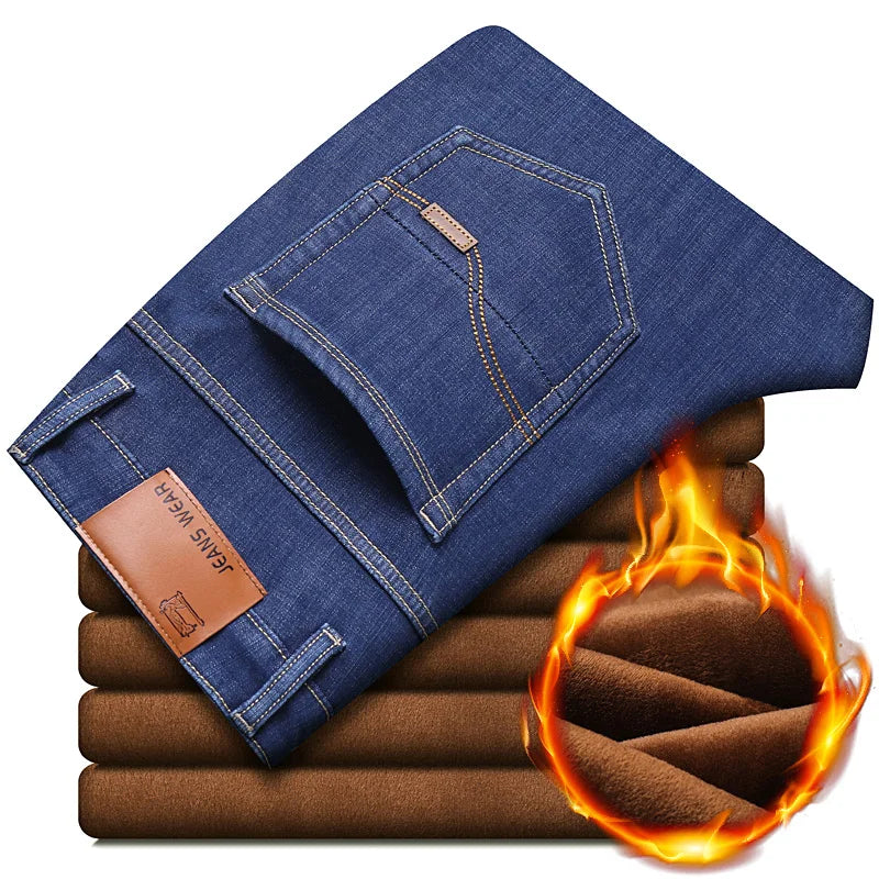 Men New Winter Classics Fleece Thick Warm Jeans Men's Loose Straight Elastic Denim Pants Casual Plush Trousers Large Size 28-40
