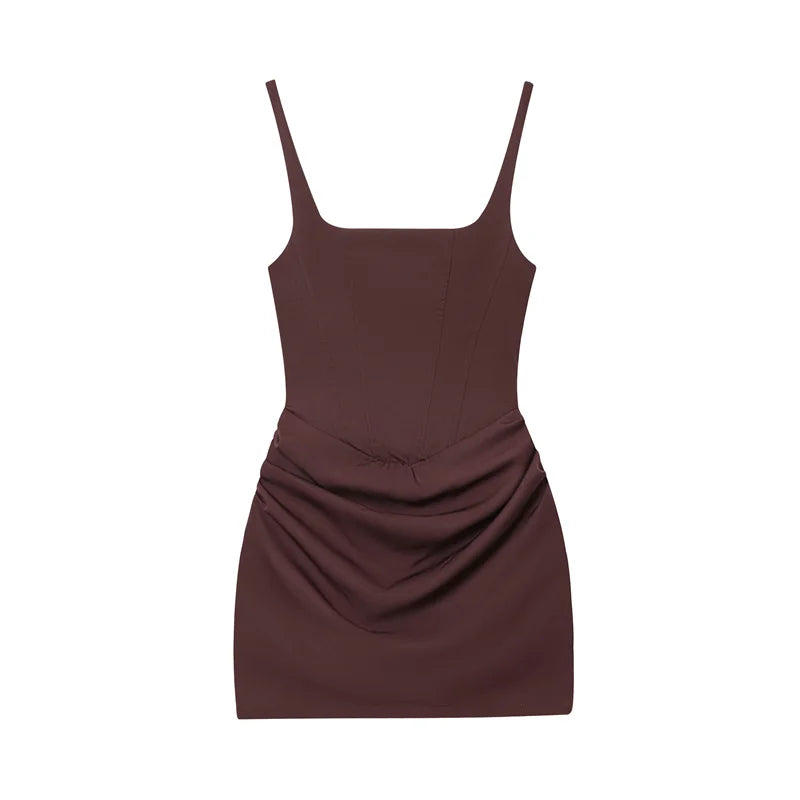 Women's Dress 2025 Autumn New Arrivals Reddish-Brown Spaghetti Strap Sexy Bodycon Mini Dress with Tie Details Stylish and Unique