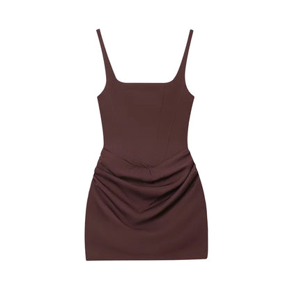 Women's Dress 2025 Autumn New Arrivals Reddish-Brown Spaghetti Strap Sexy Bodycon Mini Dress with Tie Details Stylish and Unique