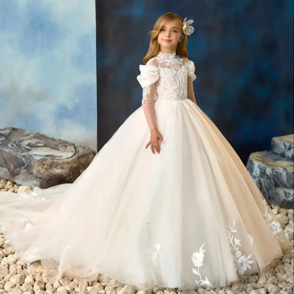 White Lace Flower Girl Dresses For Wedding Customized Long Sleeve High Neck Litter Kids Baby Birthday Gown First Communion Dress