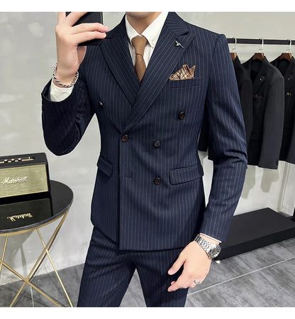 M-7XL ( Blazer + Pants ) Luxury Classic Striped Men's Official Office Casual Business Double -breasted Suit Groom Wedding Gown