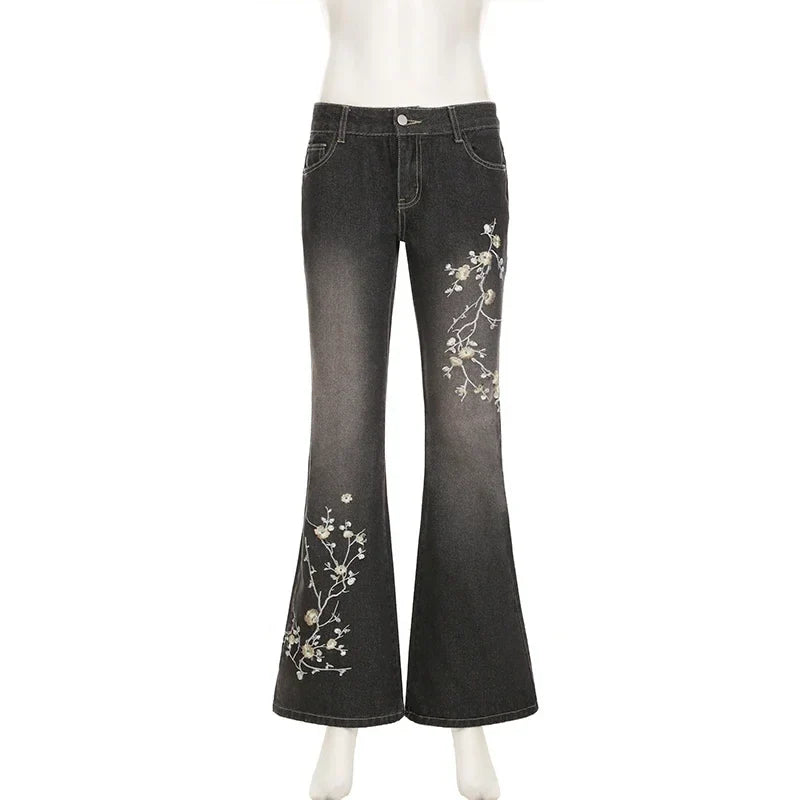 Weekeep Floral Embroidery Jeans Vintage 2000s Low Rise Flared Jeans Women Retro y2k Baggy Denim Pants High Street Basic Trousers