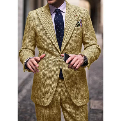 Men's Herringbone Two-Piece Suit Notch Lapel Single-Breasted Slim Fit Comfortable Waist Casual Elegant Business Suit Set Formal