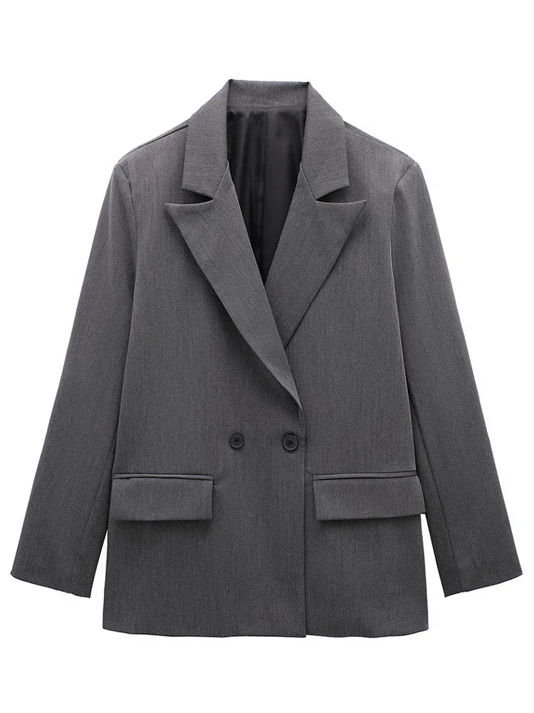 Women Fashion With Pockets Solid Double Breasted Blazer Vintage Long Sleeves Notched Neck Female Office Lady Outfits