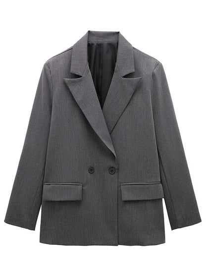 Women Fashion With Pockets Solid Double Breasted Blazer Vintage Long Sleeves Notched Neck Female Office Lady Outfits