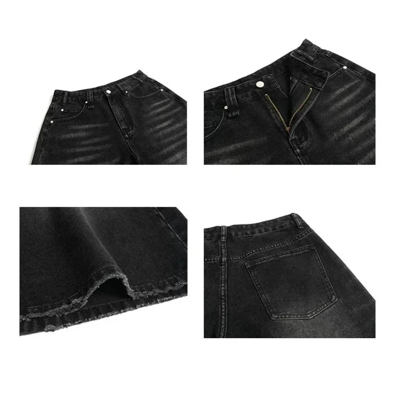 2026 Y2k Retro Women Low Rise Jorts Brushed Black Wash Cropped Baggy Jeans Wide Leg Frayed Denim Short Pants Fashion