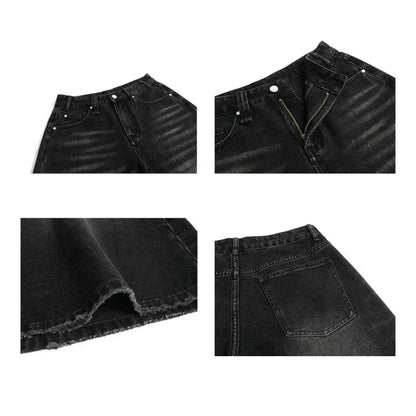 2026 Y2k Retro Women Low Rise Jorts Brushed Black Wash Cropped Baggy Jeans Wide Leg Frayed Denim Short Pants Fashion