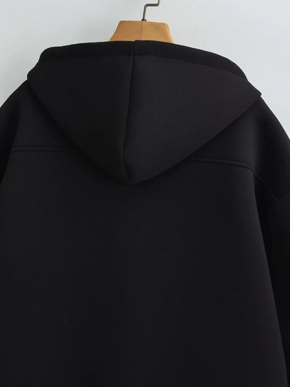 2026 Casual Women's Soild Zipper Hoodie Long Sleeve Big Pocket Zipper Jacket With Hood Female Loose Outerwear Coat Tops