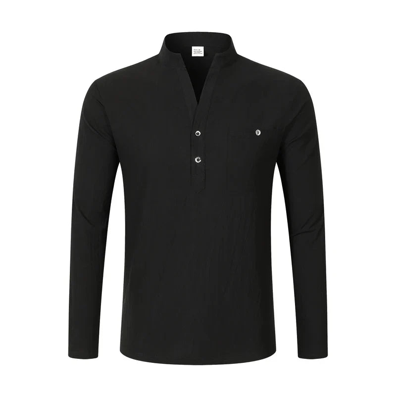 Men Mandarin Collar Long Sleeve Henley Cotton Linen Shirt Chest Pocket Breathable Beach Travel Daily Casual V Neck Top