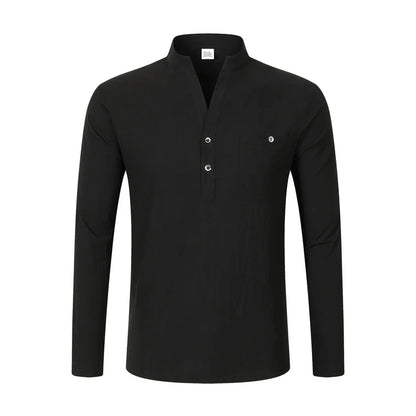 Men Mandarin Collar Long Sleeve Henley Cotton Linen Shirt Chest Pocket Breathable Beach Travel Daily Casual V Neck Top