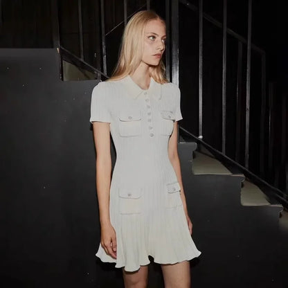 2025 Spring/Summer New Polo Neck Short Sleeve Knitted Dress Y2K Fashion Commuter Elastic Slim Fit Multi Pocket Wrapped Hip Skirt