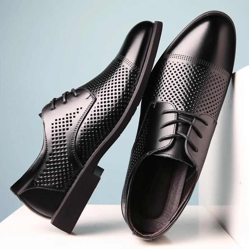 Mens Black Genuine Leather Perforated Cap Toe Lace Up Formal Business Oxford Shoes Breathable Summer Office Casual Dress Shoes