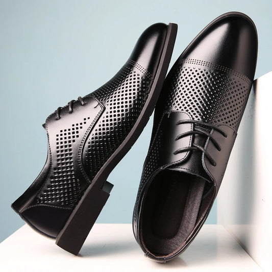 Mens Black Genuine Leather Perforated Cap Toe Lace Up Formal Business Oxford Shoes Breathable Summer Office Casual Dress Shoes