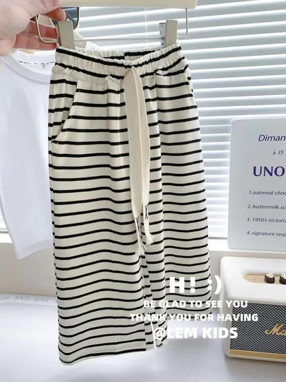 1-8 Years Summer Girls Clothing Set Comfortable Letter T-shirt+Stripe Loose Fitting Pants 2Pcs Suit For Kids Children Outfit
