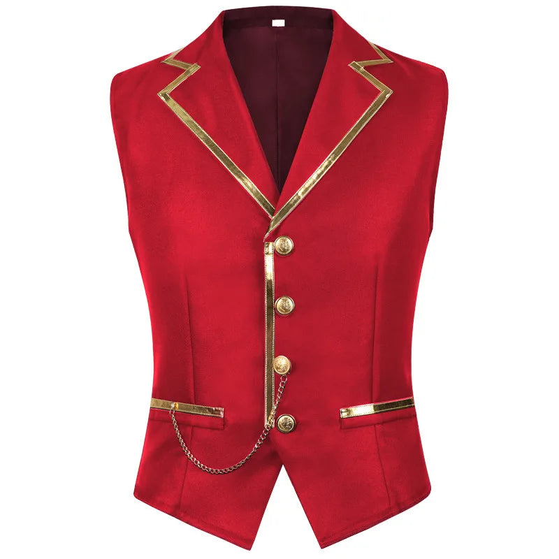 British Style Men Red Sleeveless Vest Jacket, Thin Single Button V-neck Waistcoat, Gold Striped Patchwork.