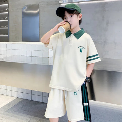 Boys Set Summer Children Clothing Korean Style Costumes Cotton Polo Shirt Shorts 2pcs Kids Casual Outfits Tracksuit Age 5-14 Y