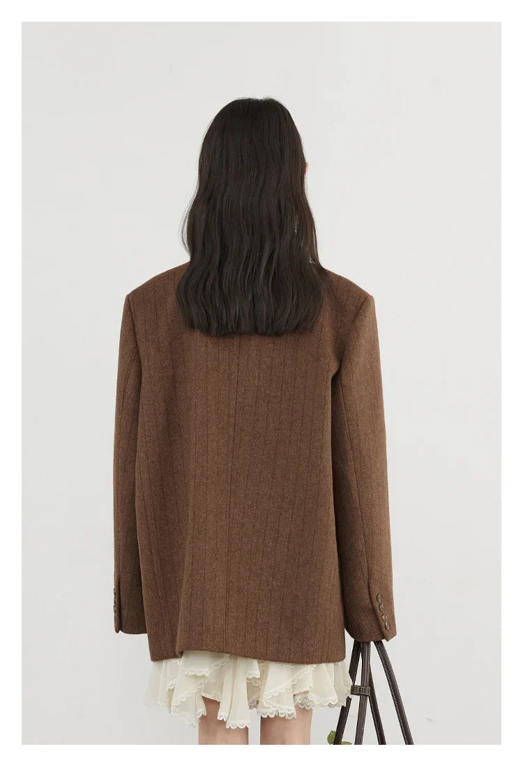 Women Woolen Blazer Loose Vintage V Neck Female Jacket Suit Double Breasted Office Ladies Coat Spring Autumn 2025