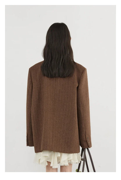 Women Woolen Blazer Loose Vintage V Neck Female Jacket Suit Double Breasted Office Ladies Coat Spring Autumn 2025
