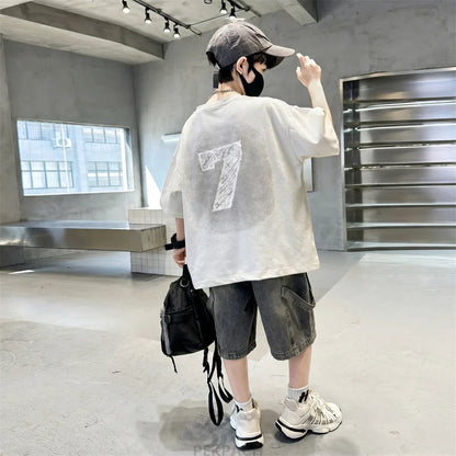 High Quality Boys Summer Top and Bottom Set Cotton T-shirt And Denim Shorts 2 Pieces Suit Kids Children Casual Clothing Set 5-14