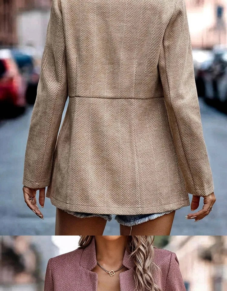 Commute Style Simple Design Woolen Suit Coat Pink Lapel Open Cardigan Short Length Polyester Fiber Women's Fashion Outerwear