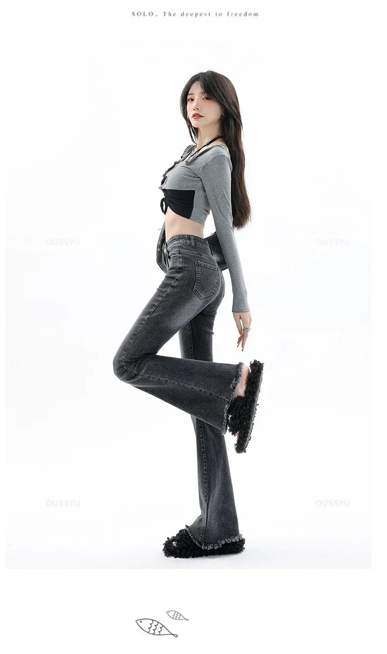 Spring Summer Flared Jeans Women Cotton Vintage Blue Denim Pants Streetwear Elastic High Waist Slim Harajuku Trouser Plus Length
