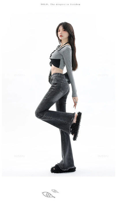 Spring Summer Flared Jeans Women Cotton Vintage Blue Denim Pants Streetwear Elastic High Waist Slim Harajuku Trouser Plus Length