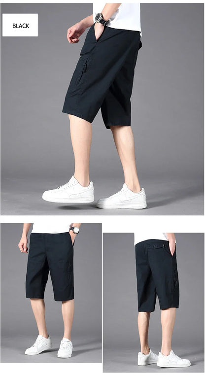 Men Cargo Shorts Zipper Pocket Loose Casual Big Size Shorts Big and Tall Cotton Knee Shorts