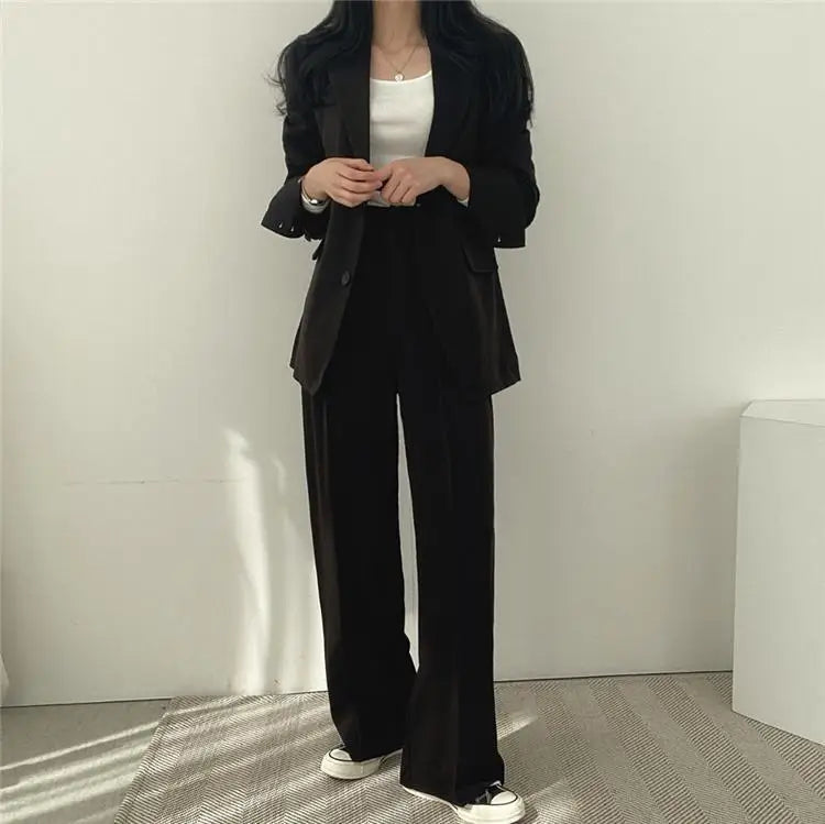 Casual Notch Lapel Suit Set with Button Thick Wide Leg Small Suit Pants High Waist Drape Polyester Business Lady Style Women