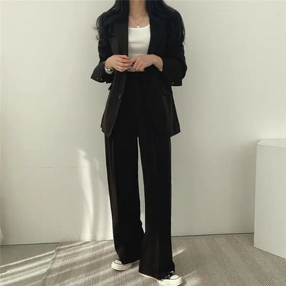 Casual Notch Lapel Suit Set with Button Thick Wide Leg Small Suit Pants High Waist Drape Polyester Business Lady Style Women