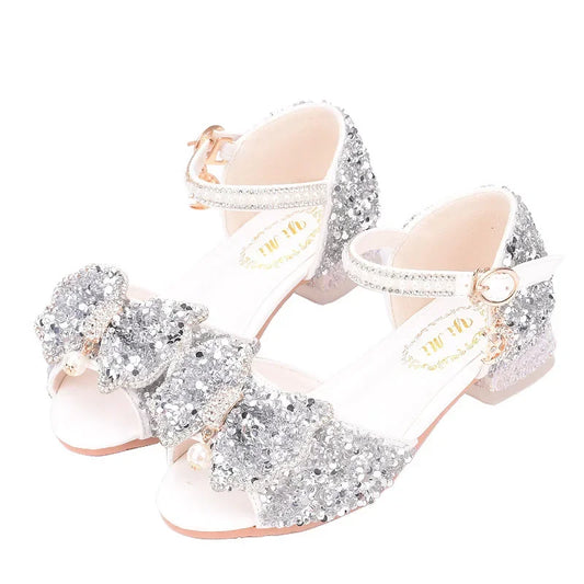 2025 Summer Girls' Princess Shoes Fashion Sequin Bow Soft Bottom Children's Sandals Girls' Performance Pearl Crystal High Heels