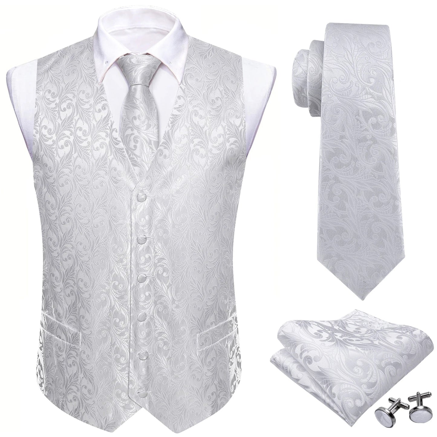 White Scroll Pattern V-Neck Waistcoat 4-In-1 Kit Tie Square Cufflinks For Bridal Shower Outdoor Wedding