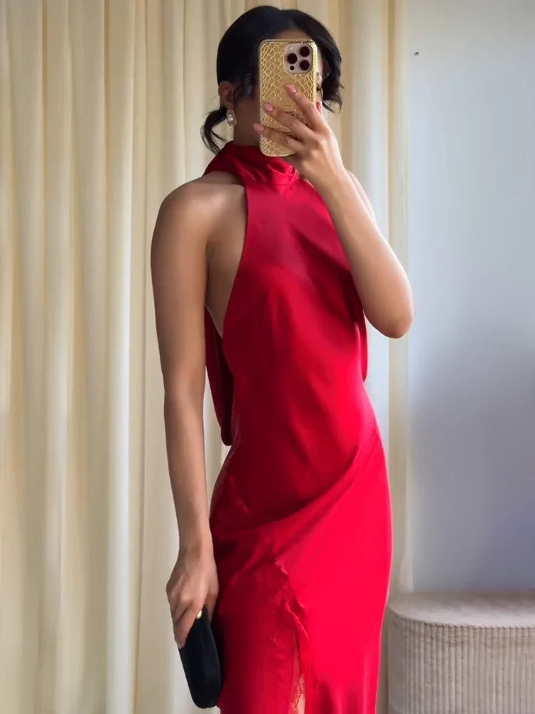 Women Halter Neck Sleeveless Backless Sexy Long Dress Summer Fashion Lace Splicing Decorative Hem Slit Solid Evening Dress