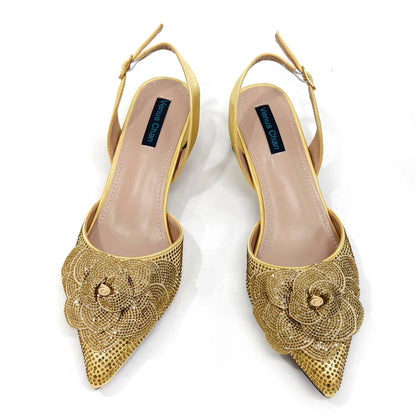 Fashion Ladies Evening Shoes And Bags Paired With Handmade Petal Wine Color Pointed Toe Mid-Heel Nigerian Women Party Shoes
