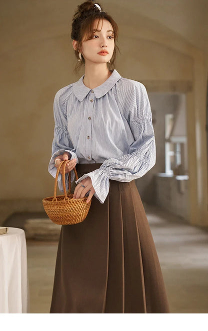 Women's Blue Stripe Shirt 2024 Spring Fashion French Retro Bubble Sleeves Doll Neck Loose Tops Office Lady MXD12C0163