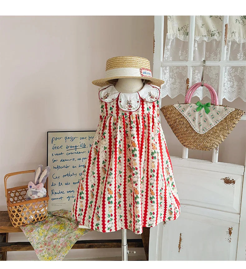 Flower Collar Rabbit Embroidered Girls' Dress 2025 Summer Style Cartoon Print Sweet and Cute Baby Sleeveless Dress