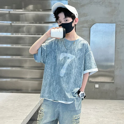 Cool Cowboy Outfit Costume Suit for Kids Child Summer Clothes Set Denim T-shirt and Ripped Shorts Clothes Set for Teens Boy 5-14